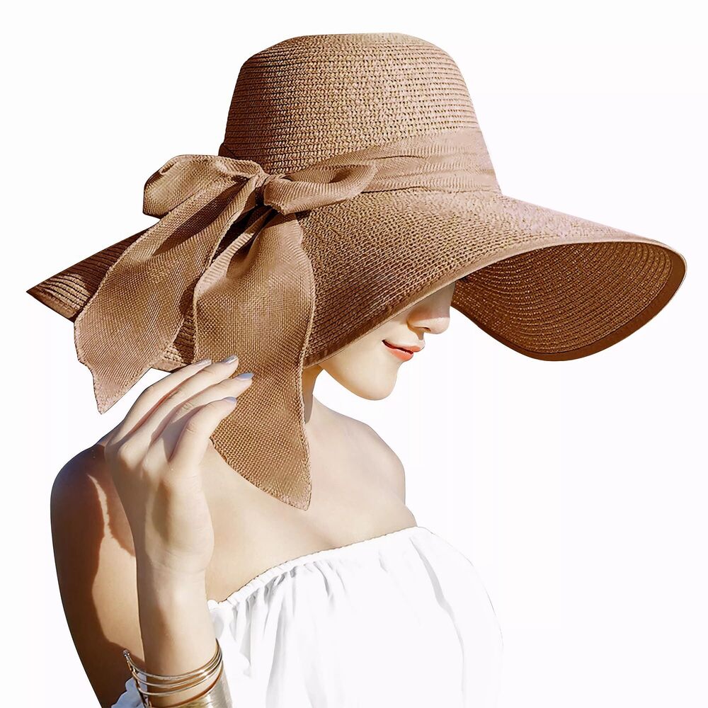 9883 5.5 Inches Big Bowknot Straw Hat Large Floppy Foldable Roll up Beach